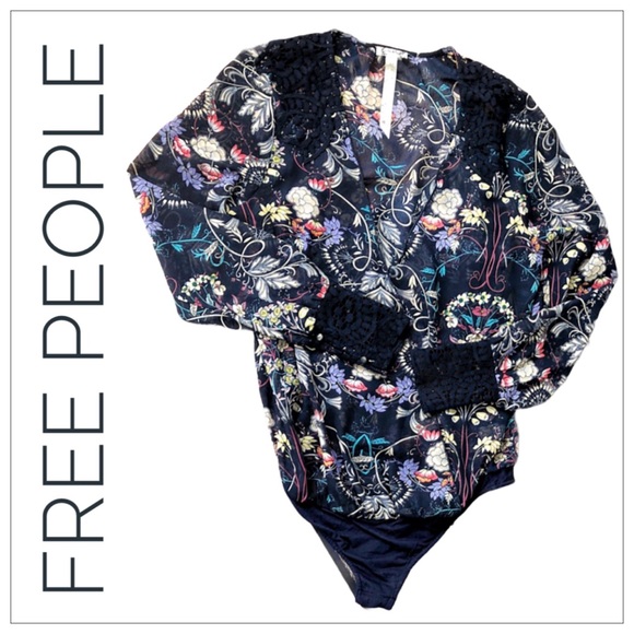 Free People Tops - New Free People Blue Floral Lace Sleeve Bodysuit